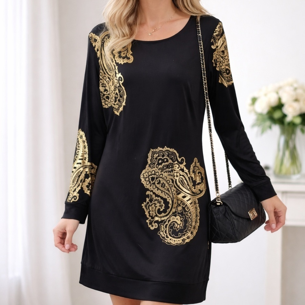 Cache Black Metallic Paisley Dress Size 12